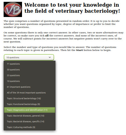 Start page of the General Quiz in bacteriology.